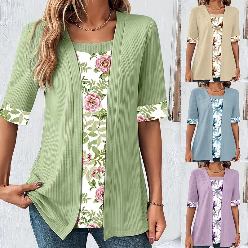 2024 Plus Size T Shirts Women Fashion Elegant Patchwork Fake Two Piece Shirts Summer Casual Print Half Sleeve Ladies Loose Tops — zdjęcie 2