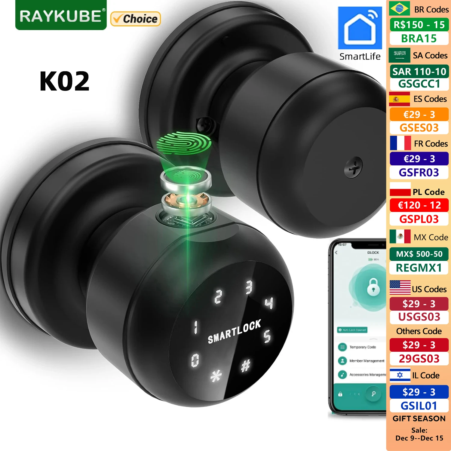 

RAYKUBE K02 Round Knob Fingerprint Smart Lock Tuya Bluetooth Biometric With Mechanical Key/Password/APP Unlock Easy Replacement