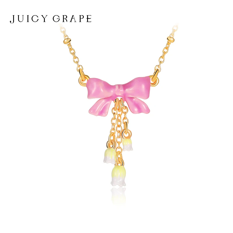 JUICY GRAPE 18K Gold-Plated Pink Bow Collarbone Chain Enamel Process Elegant and Simple Wind Chime Flower Ladies Necklace