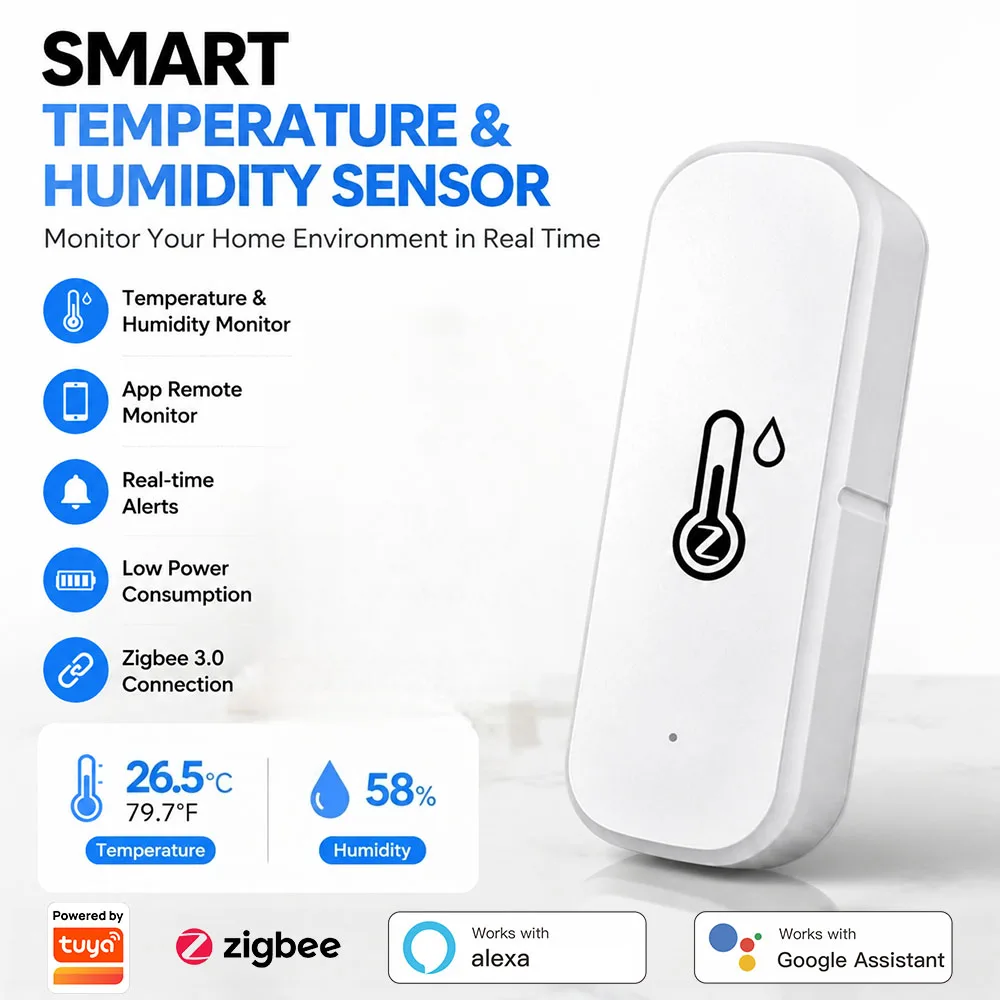 Zigbee3.0 Temperature Humidity Sensor a smart home environment monitoring device compatible with Google Home and Alexa,Zigbee2Mq