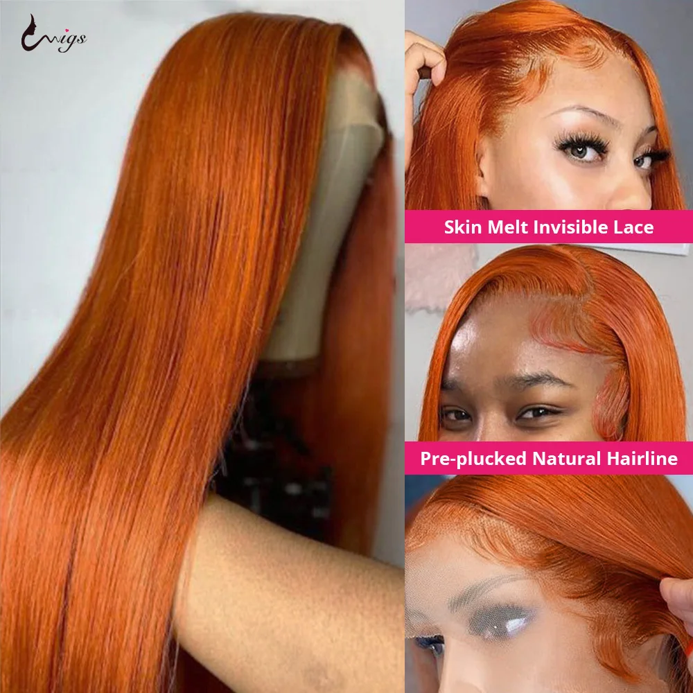 32 Inch Ginger Lace Front Human Hair Wigs Bone Straight Lace Front Wig Orange Colored Human Hair 13x6 Lace Frontal Wig For Women