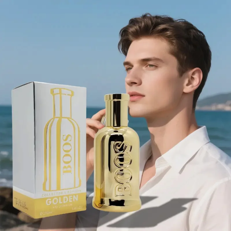 Perfume dorado de moda para hombre, 100 ml, aroma amaderado fresco y duradero: regalo perfecto para amigos, adecuado para uso diario y eventos especiales.