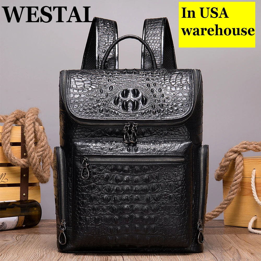 WESTAL men\'s genuine leather backpack bag for men 14 inch laptop bag student school bag for books Crocodile pattern designer bag