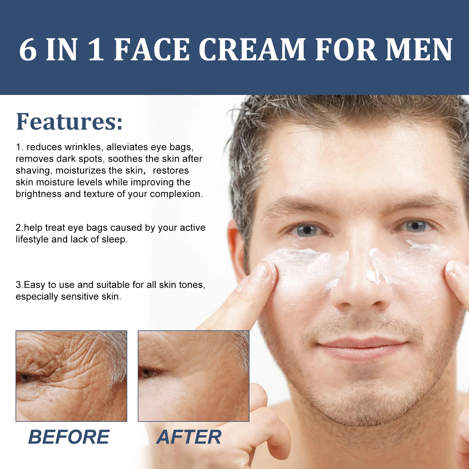 50ml 6 in 1 Men Face Cream Moisturizing Anti-aging Fade Fine Lines Reduce Dark Circles Smoothing Non-greasy Face Cream for Men