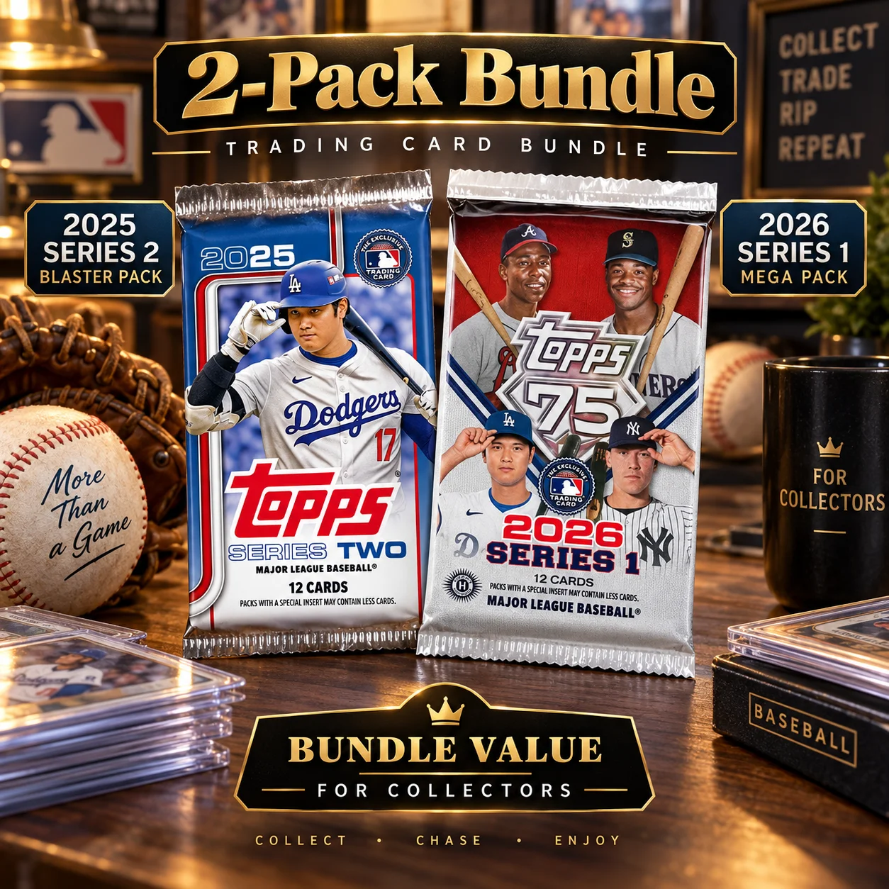 2025 Topps Series 2 & 2026 Topps Series 1 Baseball 2-Pack Bundle, Blaster Pack with 12 Cards & Mega Pack with 14 Cards, Baseball Trading Card Combo Set for Collectors