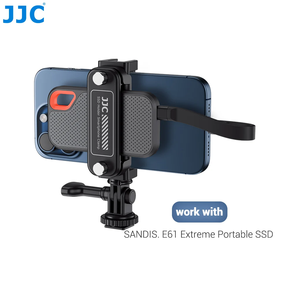 JJC 2 w 1 Zacisk do smartfona Przenośny uchwyt SSD Metalowy zacisk do telefonu Adapter do statywu W Uchwyt do zimnej stopki Obsługuje 360° ° obrót