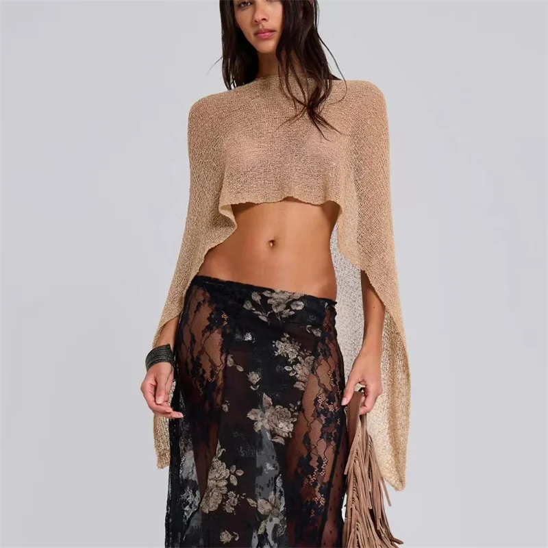 Blusa de punto transparente para mujer, Top corto, Bikini Sexy de ganchillo transparente, protector solar, chal, capa, traje de baño, suéter fino, Blusa