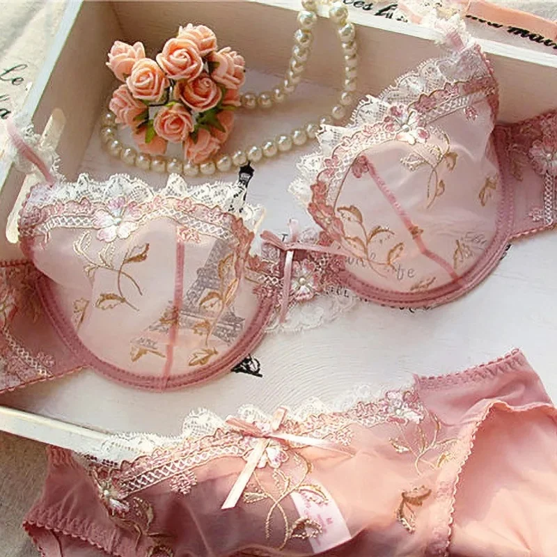 MOYISU Luxuriöses, weißes, dünnes, sinnliches Dessous-Set aus französischer Spitze für 34-42 ABC Cup, bestickt, Push-up, große Größen, große Brüste, kleine AA