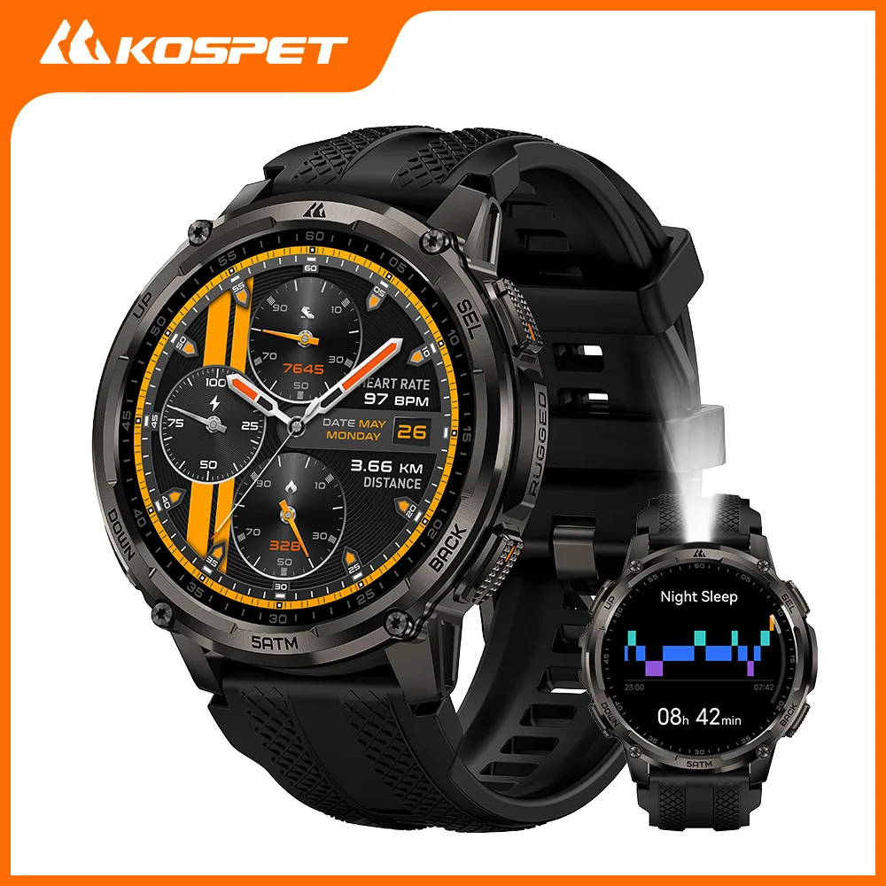 Montre de plein air pour homme KOSPET TANK T4C, robuste, GPS, étanche 50 m, spécifications militaires, avec lampe torche intégrée et suivi d'activité