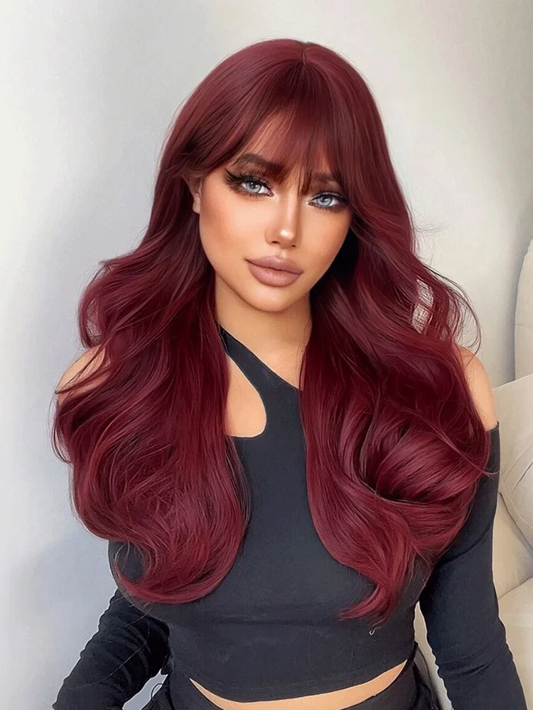 Popular Burgundy Long Curly Wavy Wig With Bangs Synthetic Wig For Women Fashion Curly Head Cover For Girls Daily Party Use