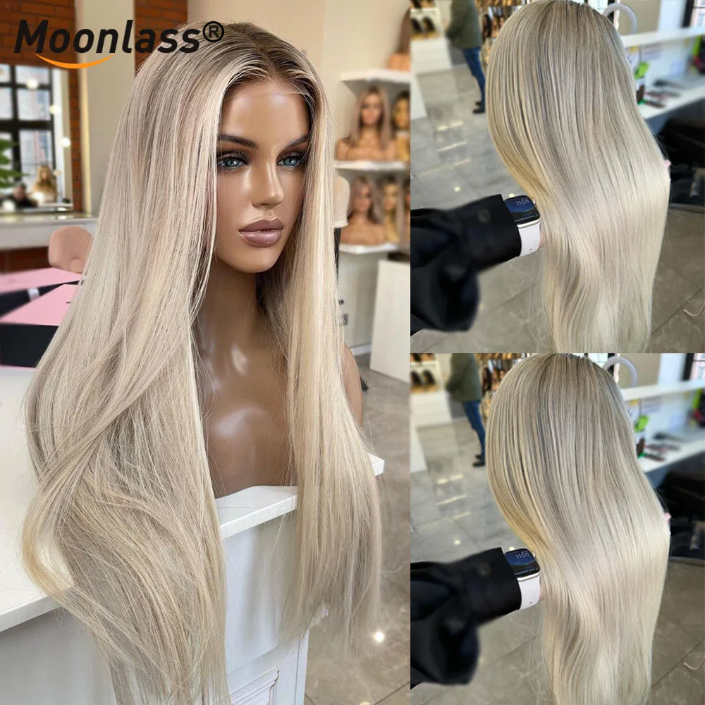 Moonlass natal em linha reta cinza loira 100% cabelo humano real 210% densidade pronto para usar peruca de cabelo pré-corte 13x6 frente do laço peruca remy