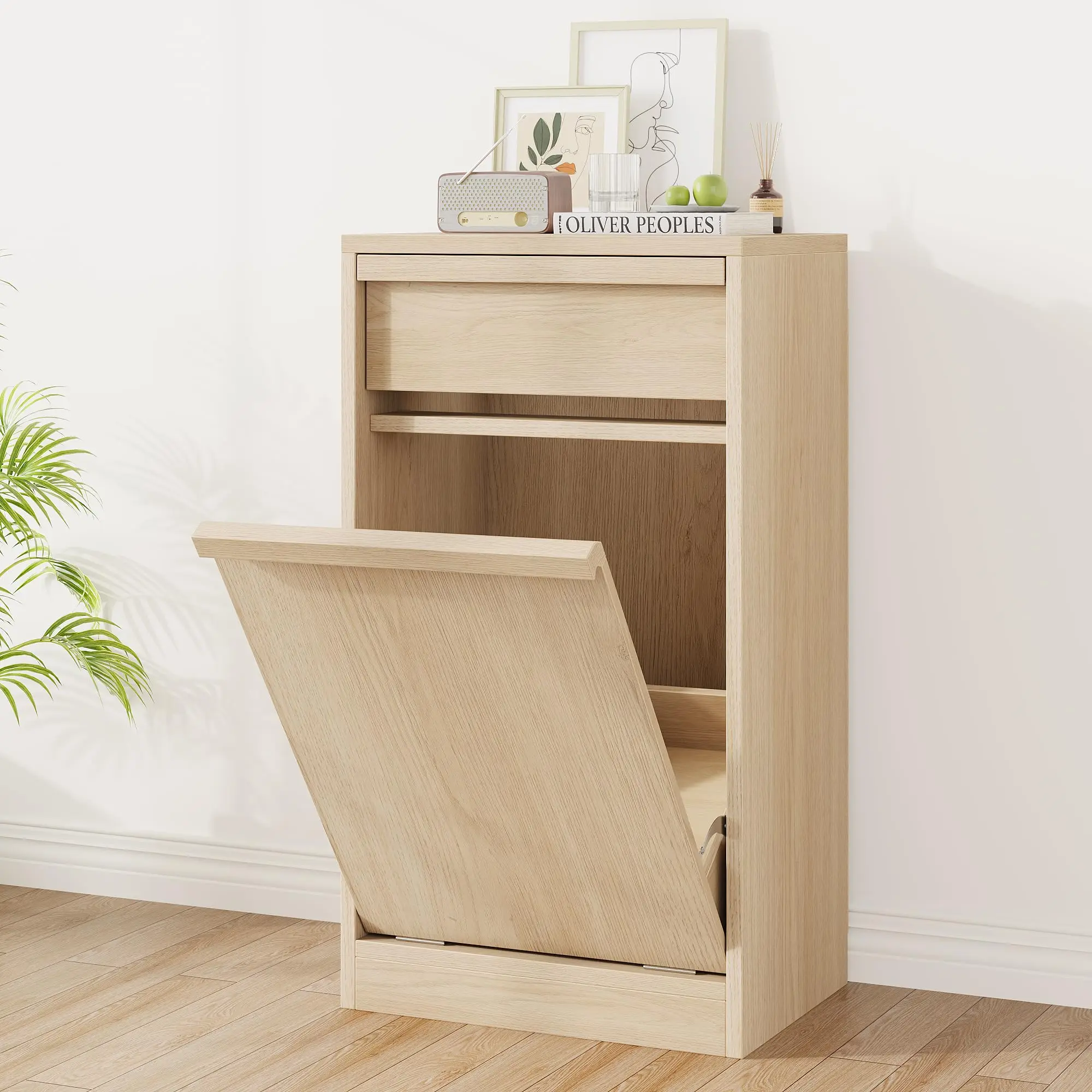 Poubelle en bois inclinable et anti-chien 10L - Armoire simple autoportante avec tiroir - Conteneur à déchets moderne, peu encombrant et dissimulé pour la cuisine, le salon ou la salle de bain
