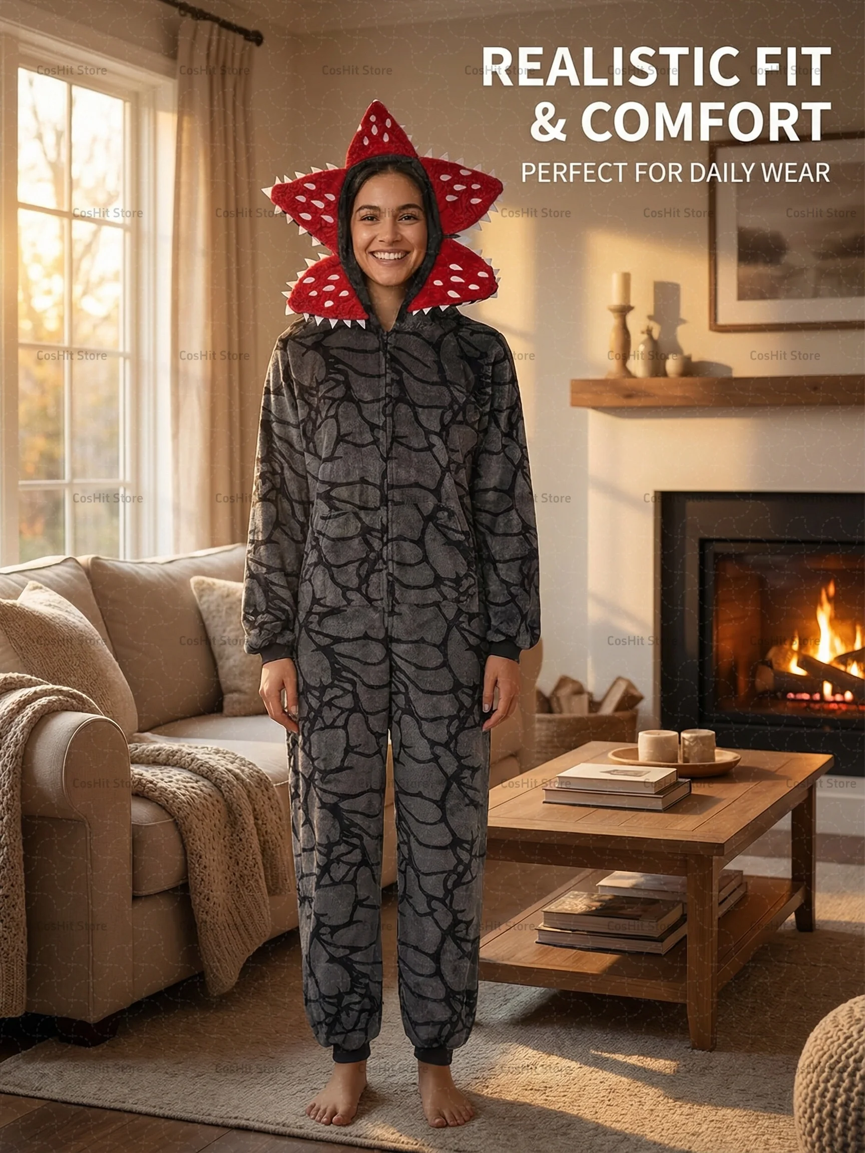 Pigiama Intero Unisex D-Demogorgon In Pile Con Cappuccio E Zip, Nero Motivo Autunno Inverno