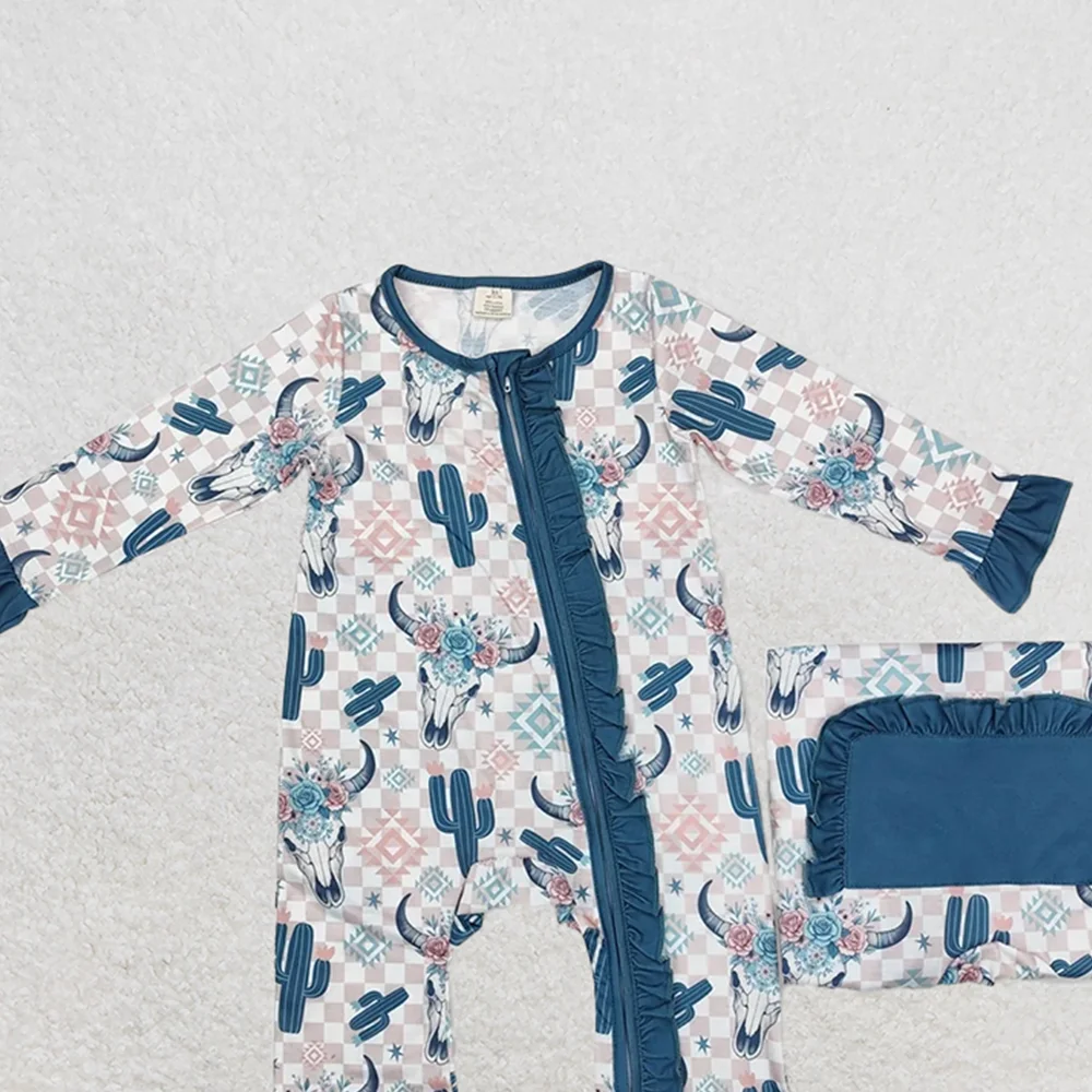 LR1446 Romper Musim Dingin Bayi Perempuan Romper Ritsleting Bambu Barat Aztec Kaktus Sapi Anak Perempuan Bayi