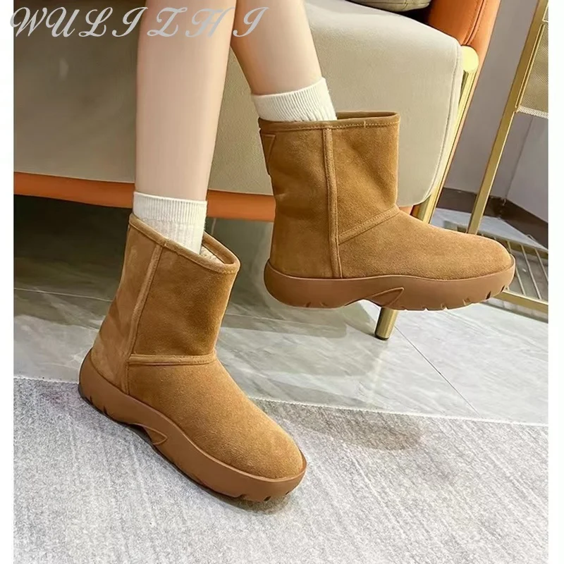 Roman Style Thick Soled Bread Snow Boots for Women 2024 Winter Hot Style Wool Mid Calf Short Boots Plus Velvet Warm Shoe Leather