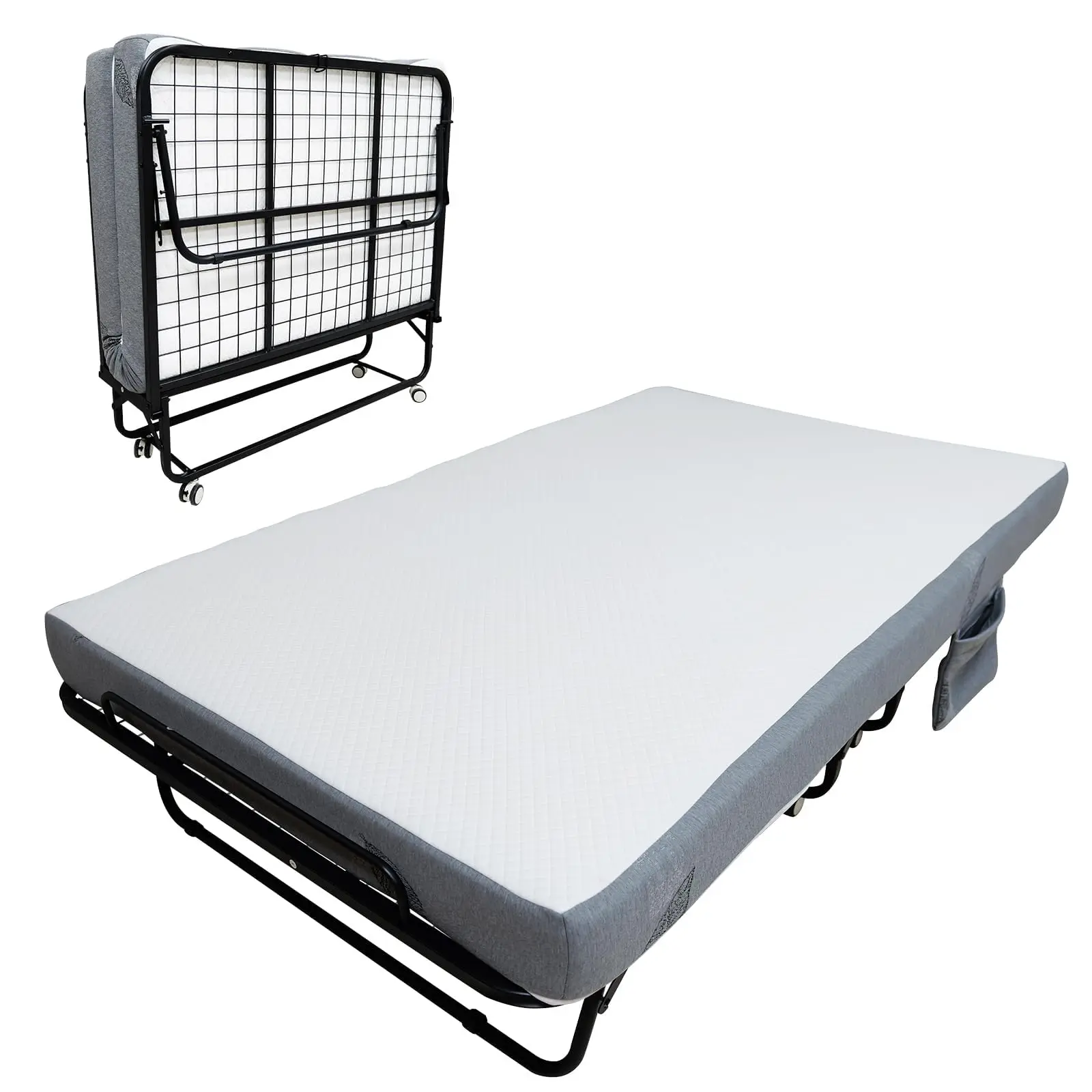 Lit d'appoint pliable avec matelas pour adultes |   Matelas en mousse à mémoire de forme de 15 cm, cadre en acier, 204 kg, 4 roulettes, pliable et peu encombrant, pour invités, camping, bureau, camping-car