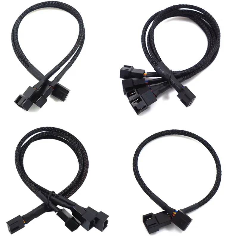 4-pinowy kabel wentylatora Pwm 1 do 2/3/4-drożny rozdzielacz z czarnym rękawem 27 cm złącze przedłużacza Przedłużacze PWM — zdjęcie 2