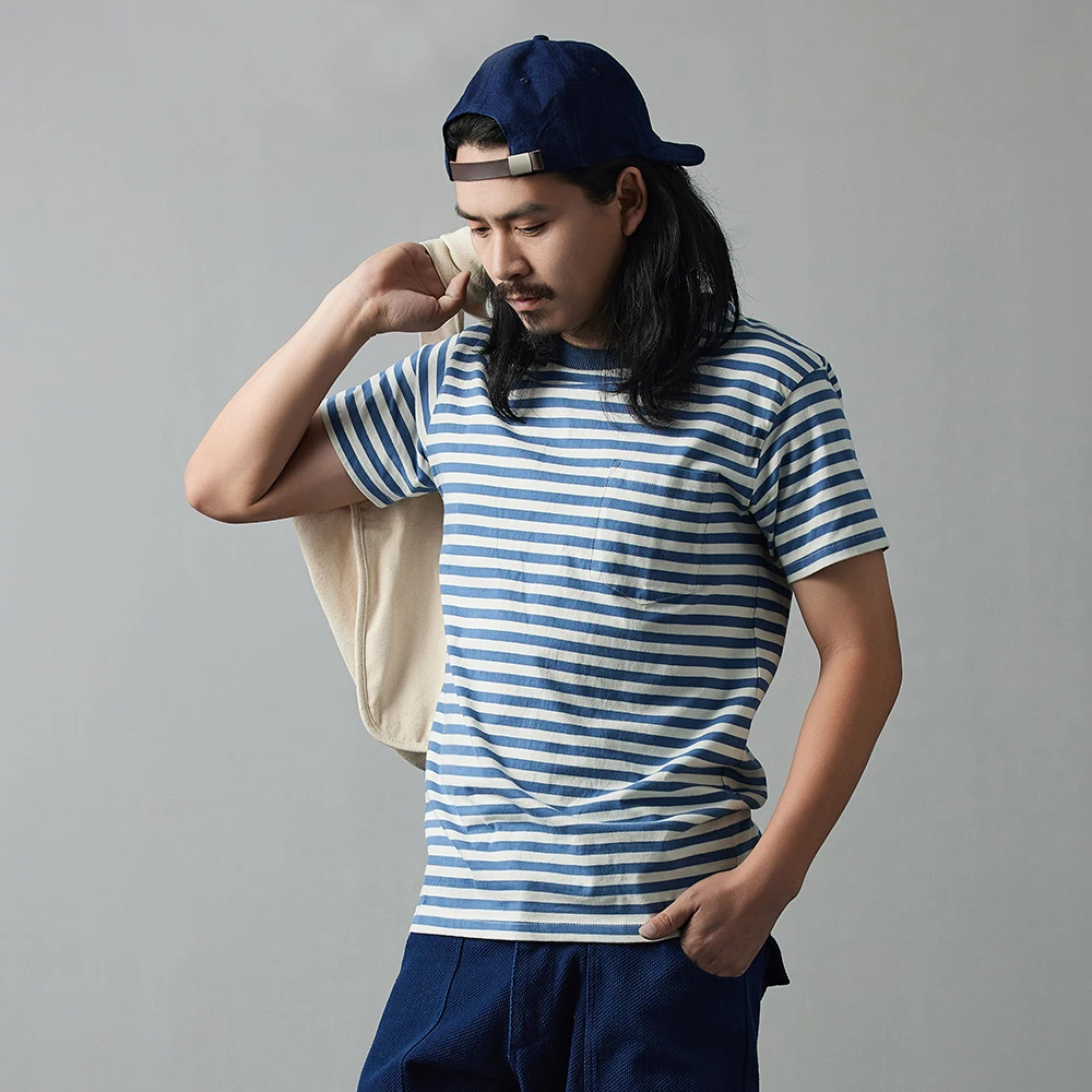 Vintage Breton Stripe Men's Short-Sleeved T-Shirt Round Neck Classic Sailor Shirt Pure Cotton Summer