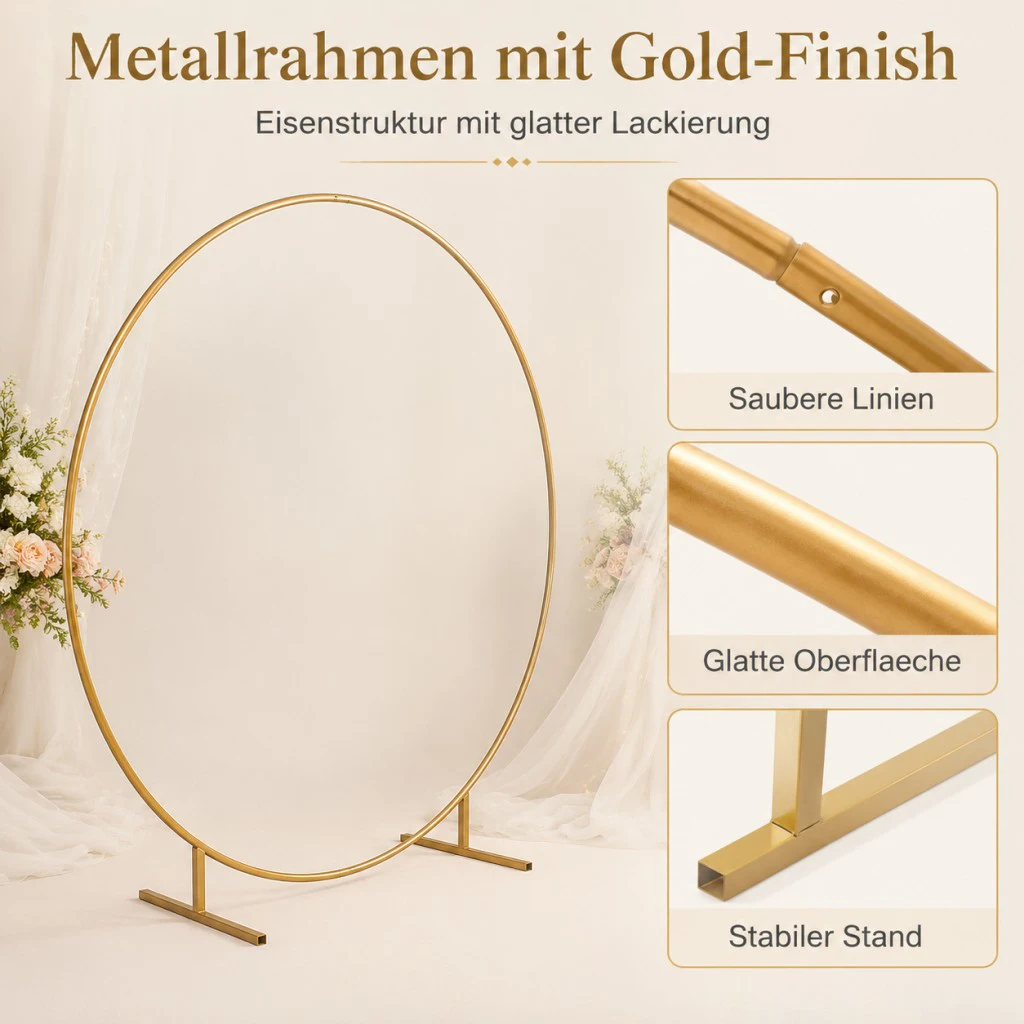 2m runder Ballonbogen mit Blumenmuster, goldener Ständer, Rahmen, Hochzeit, neu