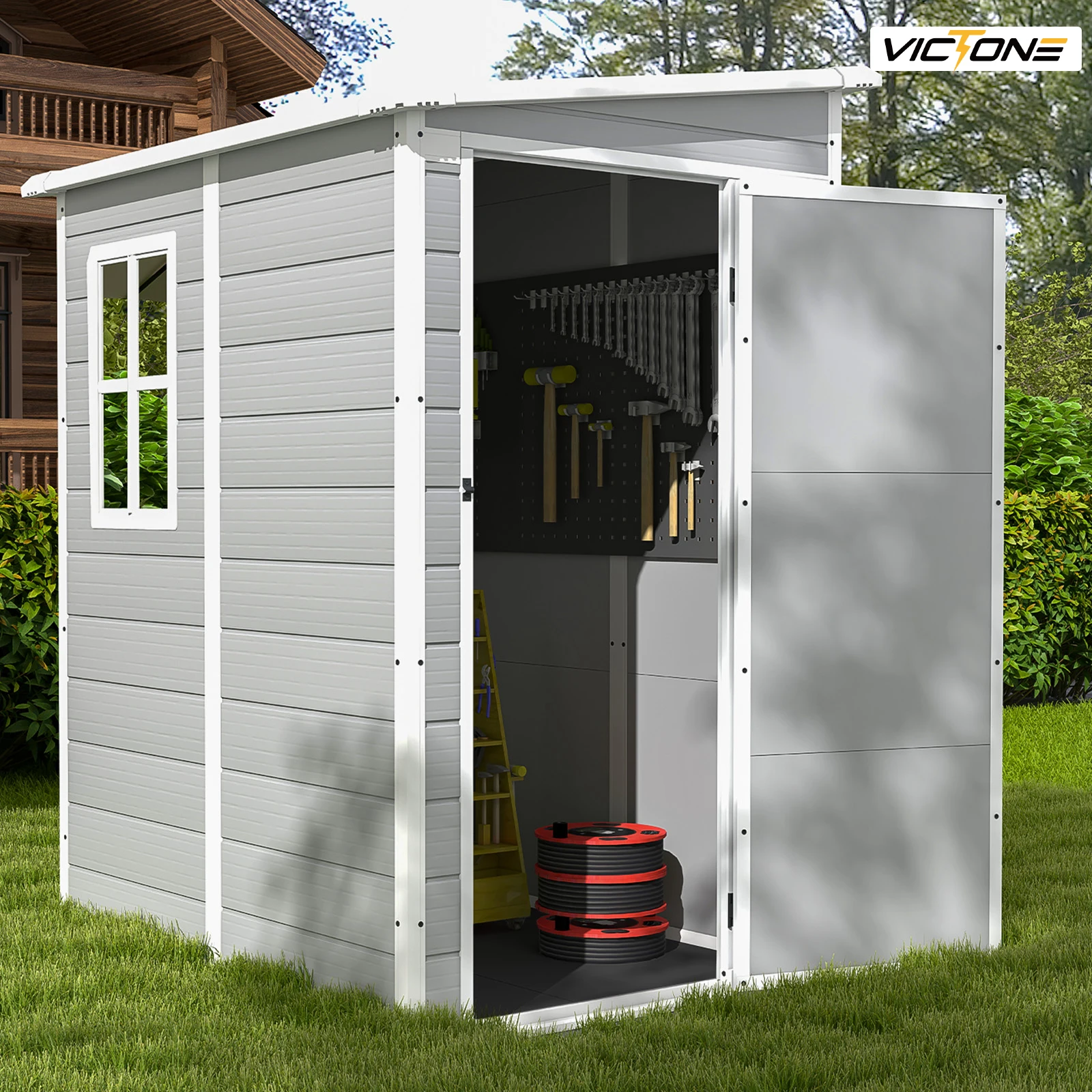 Victone 5x4 FT Plastic Outdoor Storage hed With Floor, Resin Storage shed &Lockable & Window Door For Patio Furniture