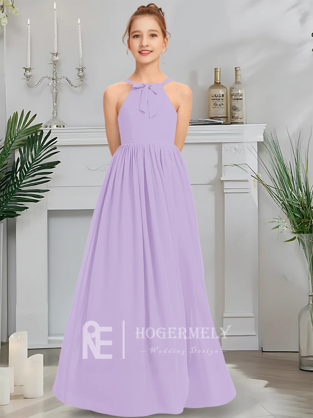 子供 A ライン ホルター シフォン レース ジュニア ブライズメイド ドレス フラワー ガール ドレス キッズ フロアレングス ウェディング ドレス カスケード フリル 01