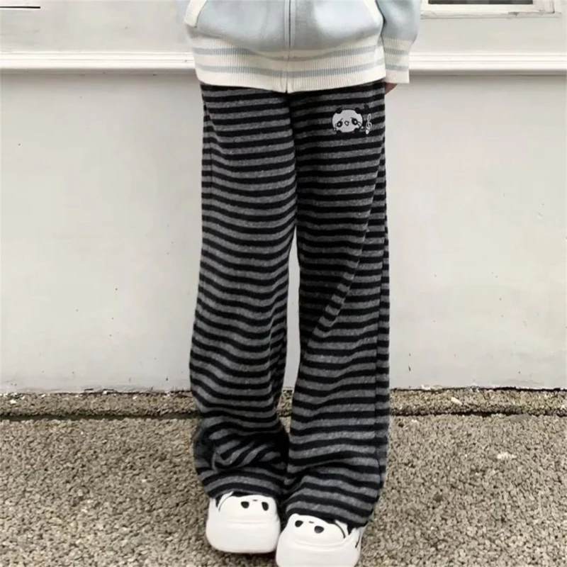Y2K Harajuku Cartoon-Print-Hose für Damen, Kawaii, gestreift, hohe Taille, Subkultur, koreanische Hose, Vintage, weites Bein, 2000er Jahre, Alt-Hose – Detail 2