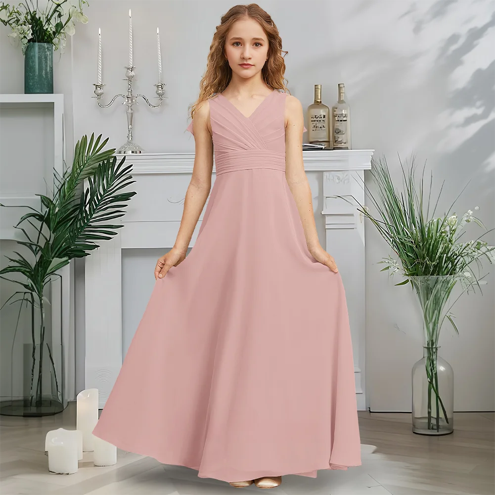 B Aライン ジュニアブライドメイドドレス セージグリーン フラワーガールドレス Vネック マキシレングス シフォン ガーデン ガラ ダンス ウェディングパーティー