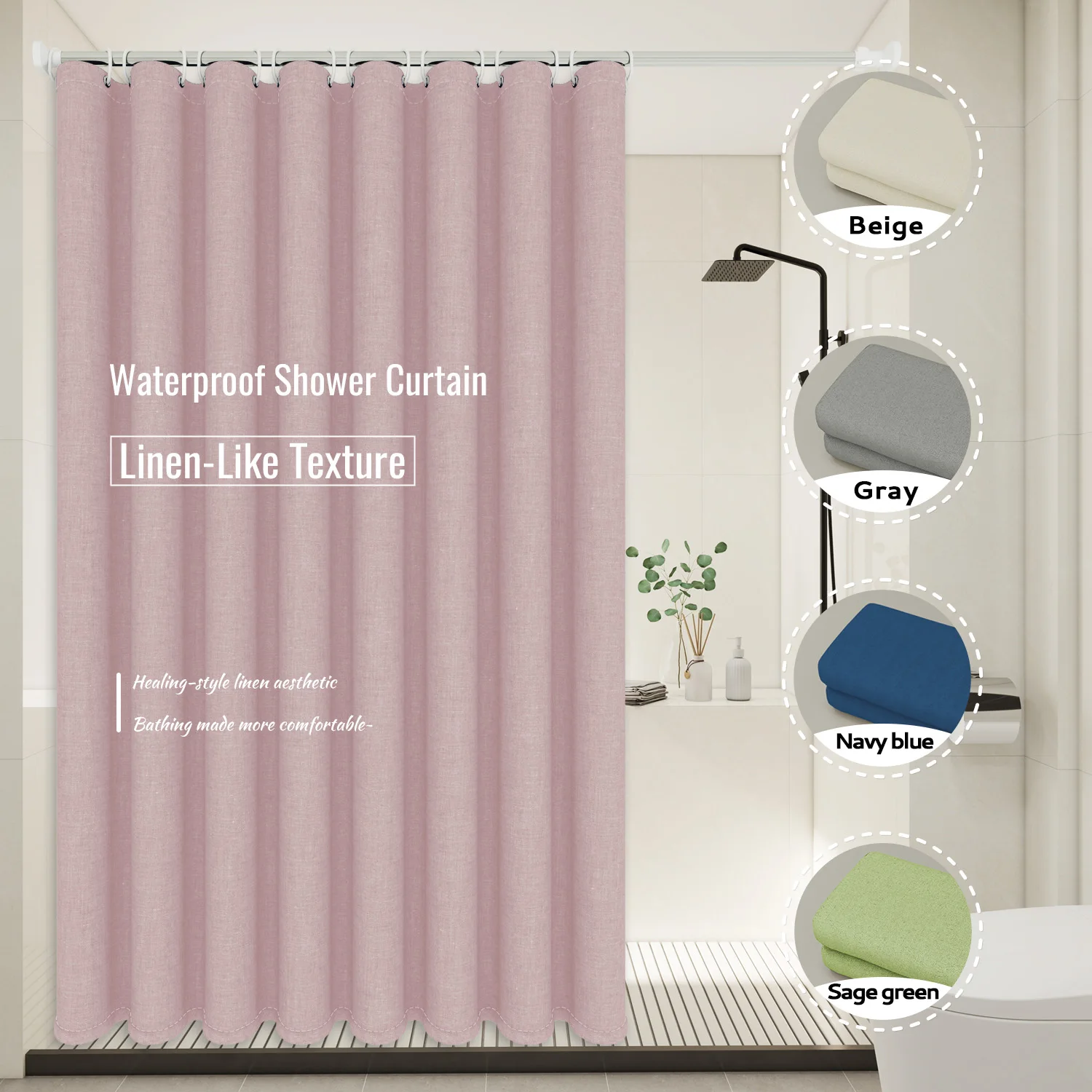 Rustic Linen Style Solid Color Shower Curtain - Soft Textured Polyester Fabric