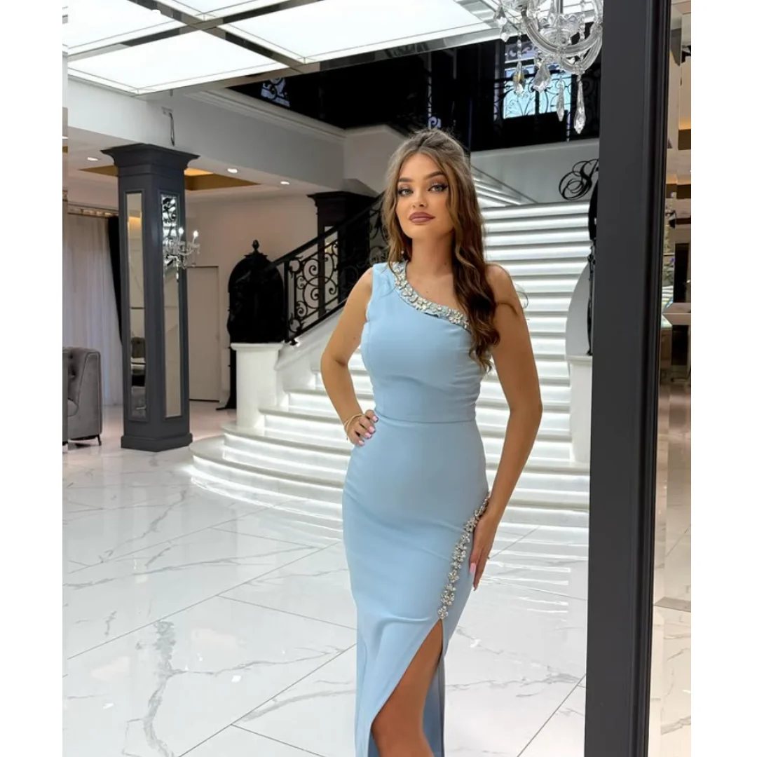 

Jessica Handmade Shimmering Beads On One Shoulder Evening Dresses Sky Blue Prom Dresses Slim Fit Women Party Dresses Customized