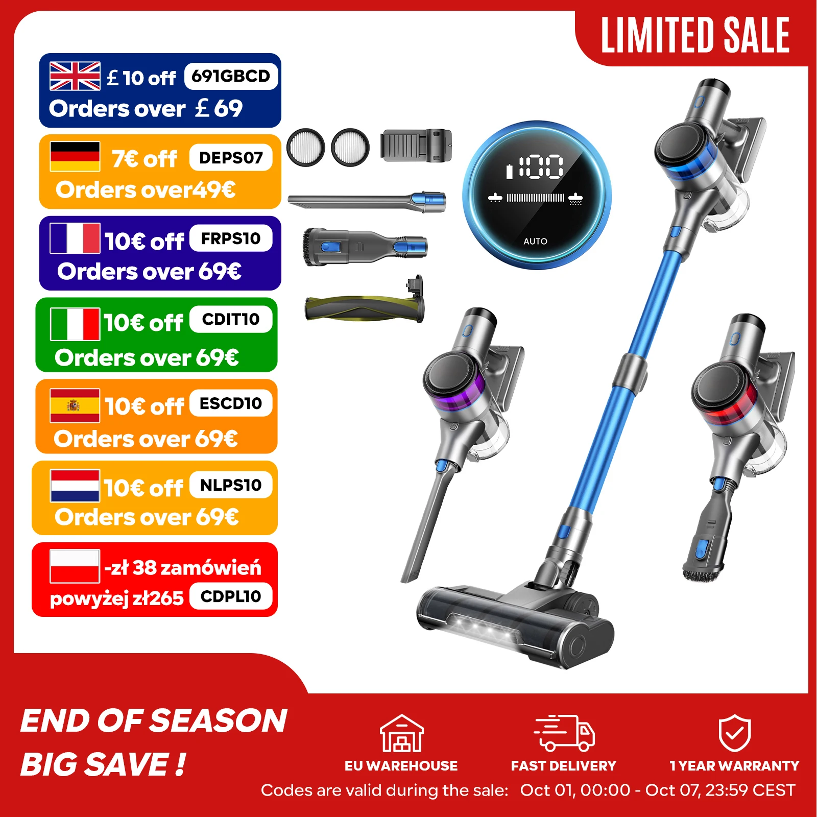 Inse S9X Aspirateur sans Fil, 55KPa, Tasse à Poussière de 1 L, Affichage Lumineux la Batterie, pour les Poils D'animaux, Tapis