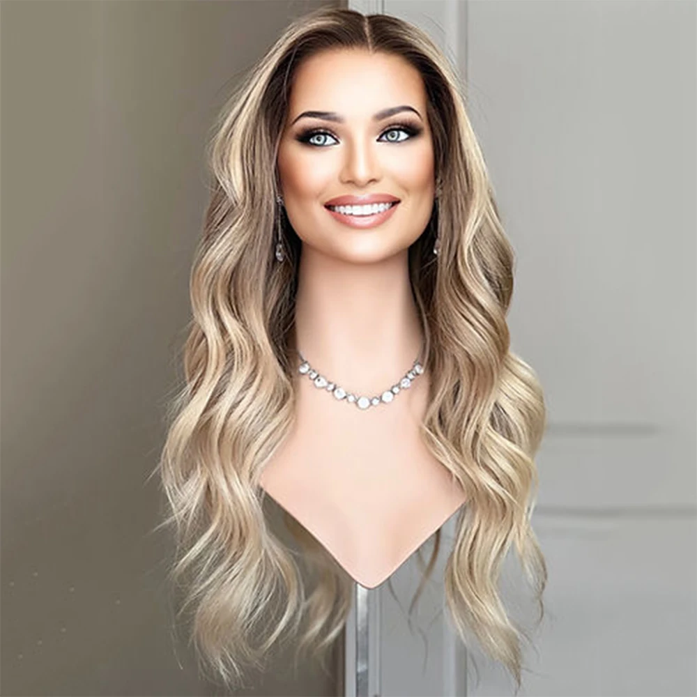 

28” Creamy Ash Blonde Lace Front Wig Rooted Ombré Remy Human Hair Wavy Full Lace Wigs 150% Density HD 13x6 Lace Frontal Wig