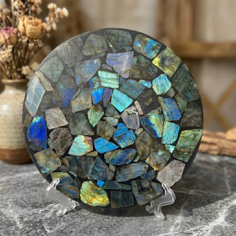 Premium 23cm Handmade Polished Natural Labradorite Mosaic Inlay Round Display Disc - Unique Zen Home Decor Wall Art & Meditation