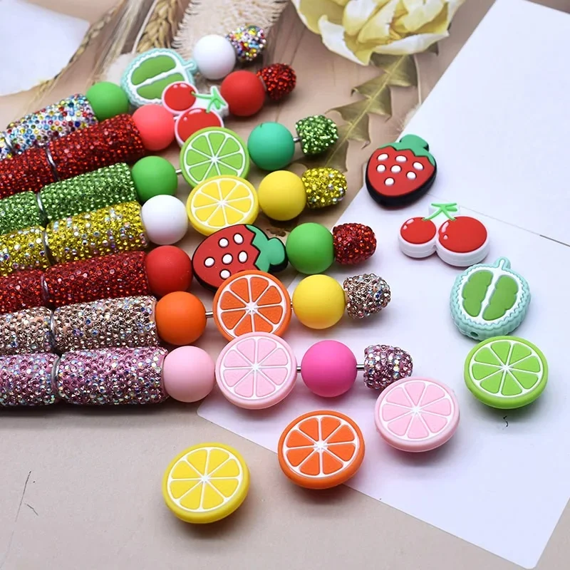Perles en Silicone d'amour de dessin animé, nouveau Design, fruits, cerises, citron, pour la fabrication de bijoux, bricolage, chaîne de téléphone portable, accessoire de stylo de perles