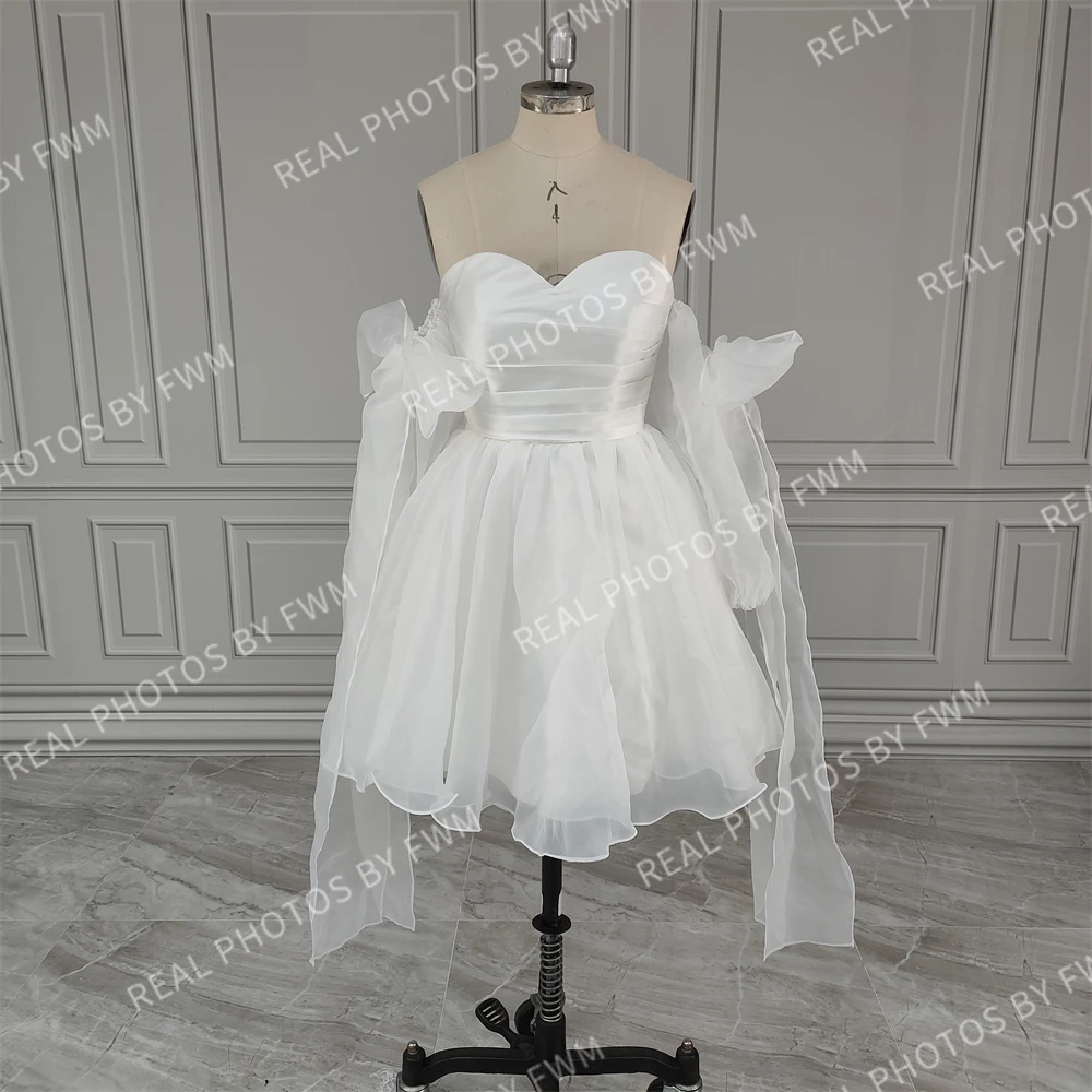 15629 #   Personalizado arco mangas plissado organza a linha mini vestido de casamento noiva noite gonw para festa personalizado vestido de novia