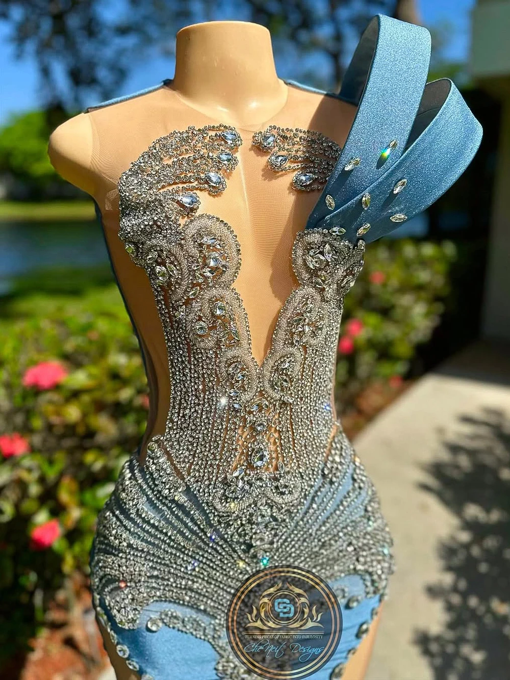 New Blue Cut-out Long Mermaid Prom Dresses 2025 Sparkly Silver Diamond Crystals Black Girl Birthday Luxury Dresses Customized