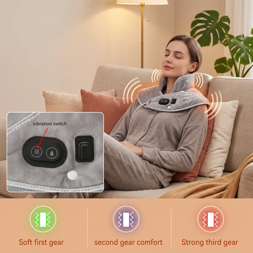 Vibrating Heated Neck Shoulder Wrap, 3 Heat Levels Electric Heating Shawl, Back Heating Pad for Muscle Relaxation