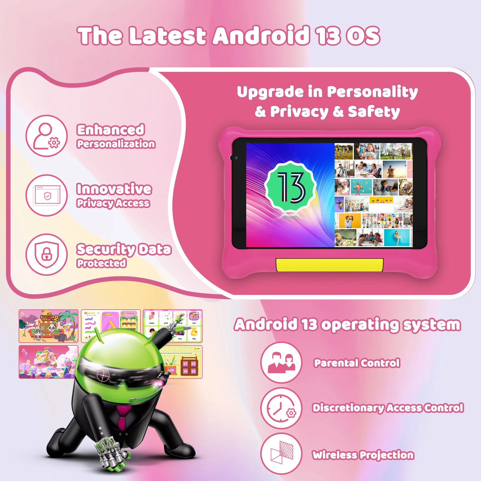 Tavoletta per bambini da 7 pollici Tavolette Android 13 5 GB di RAM 32 GB di ROM 128 GB Espandi WiFi Bluetooth con funzione di controllo parentale Regalo per bambini