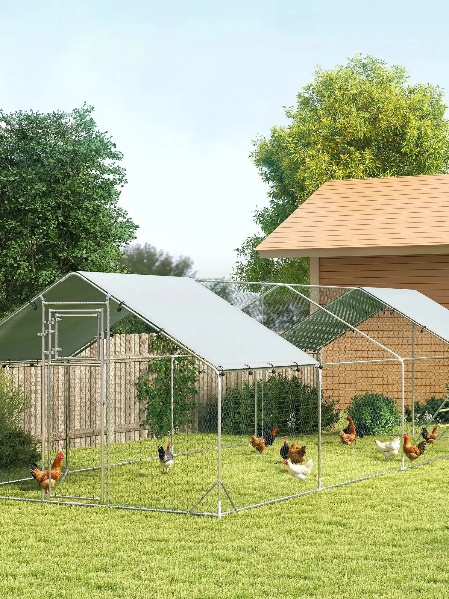PawHut Free-range stalen kippenhok met UV-bestendig dakbedekking Zilver - afbeelding 2
