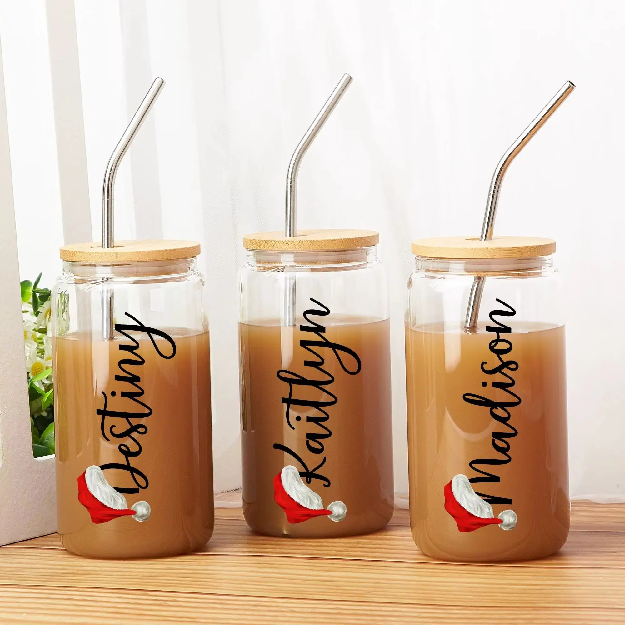Custom Font Options for Personalized Christmas Glass Cup, Santa Hat Name Print 16oz Glass Can Tumbler, Customized Text for Holid