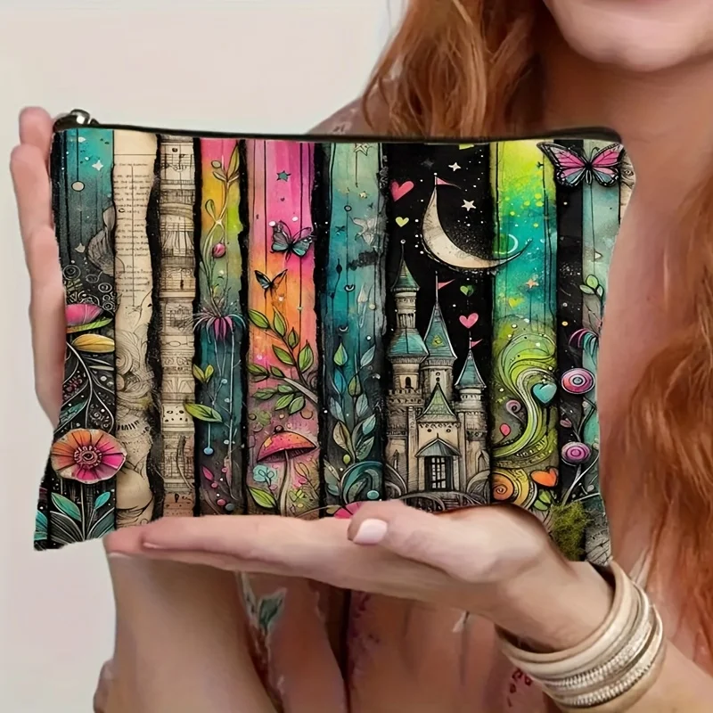 1Pc Artistic Floral and Castle Retro Design Makeup Bag, Snack Storage Bag, Stationery Storage Bag, Fashionable Toiletry Bag, Canvas Double-Sided Printed Travel Storage Bag