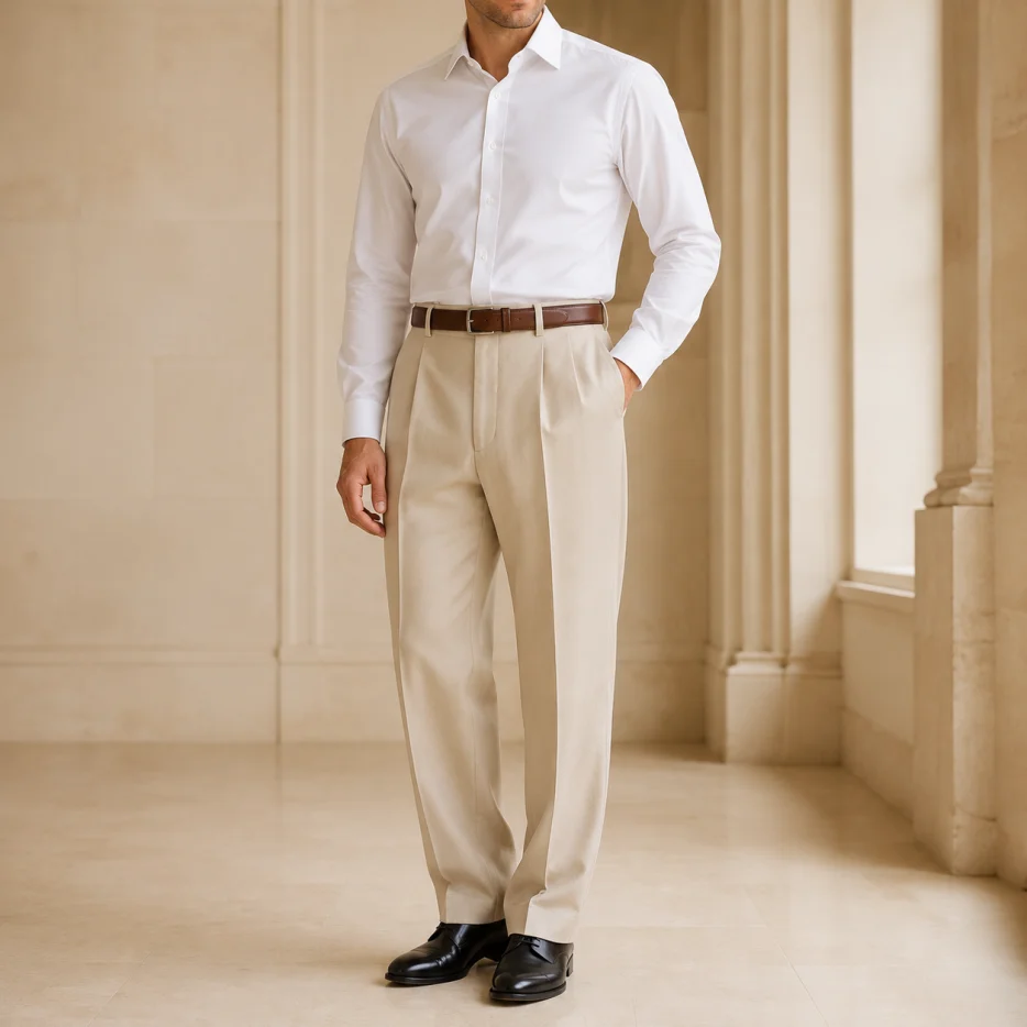 Men's Pleated Dress Pants High Waist Straight Leg Formal Business Trousers