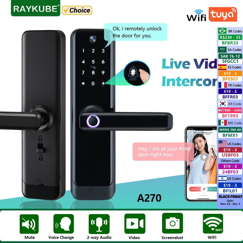 NEW RAYKUBE A270 Tuya Wifi Two-way Audio Video Intercom Fingerprint Camera Smart Door lock With APP Remote Unlock Video Record