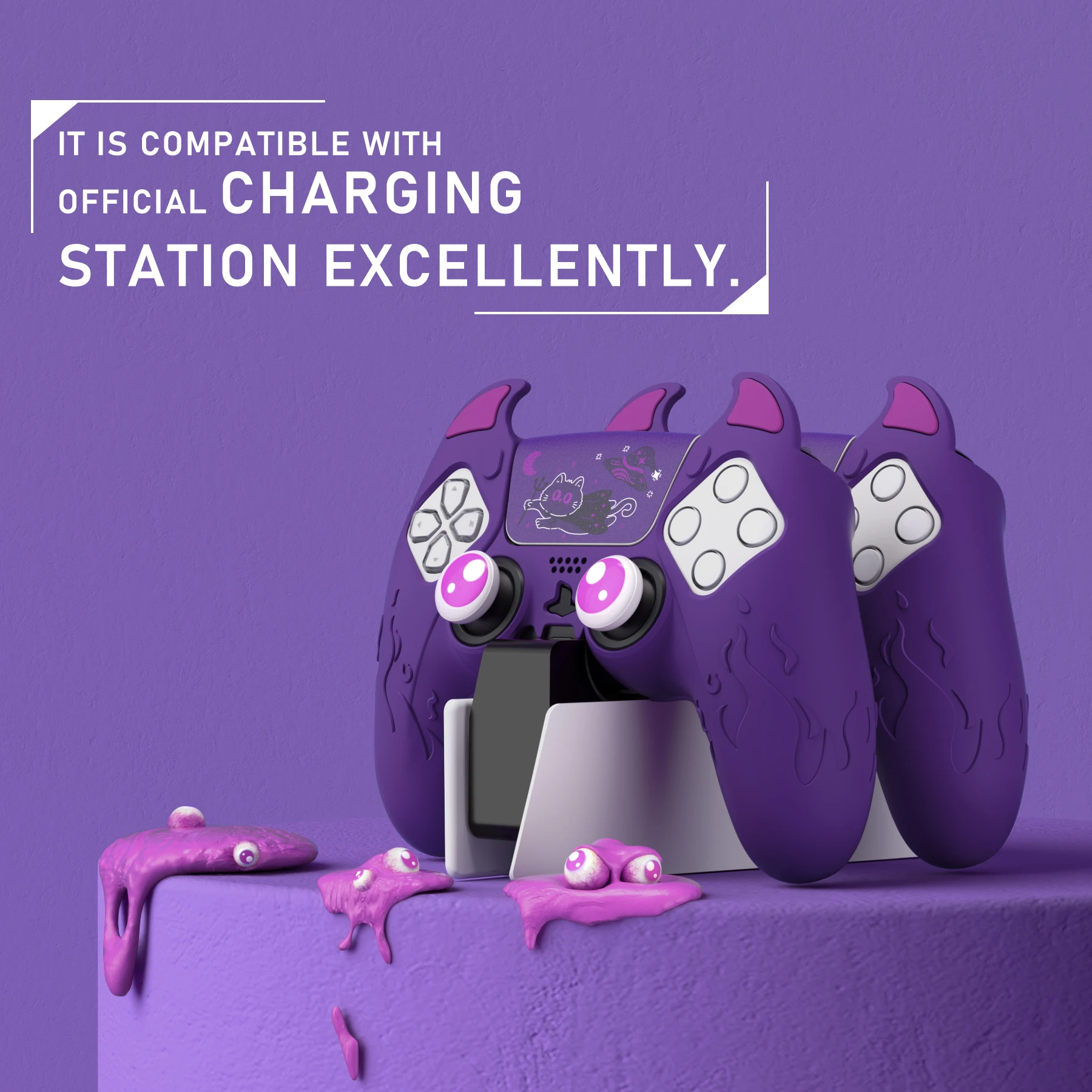 PlayVital Cute Demon Controller Funda de Silicona para ps5, Funda de Controlador Kawaii Protector de Piel para Gamepad para ps5 - Púrpura