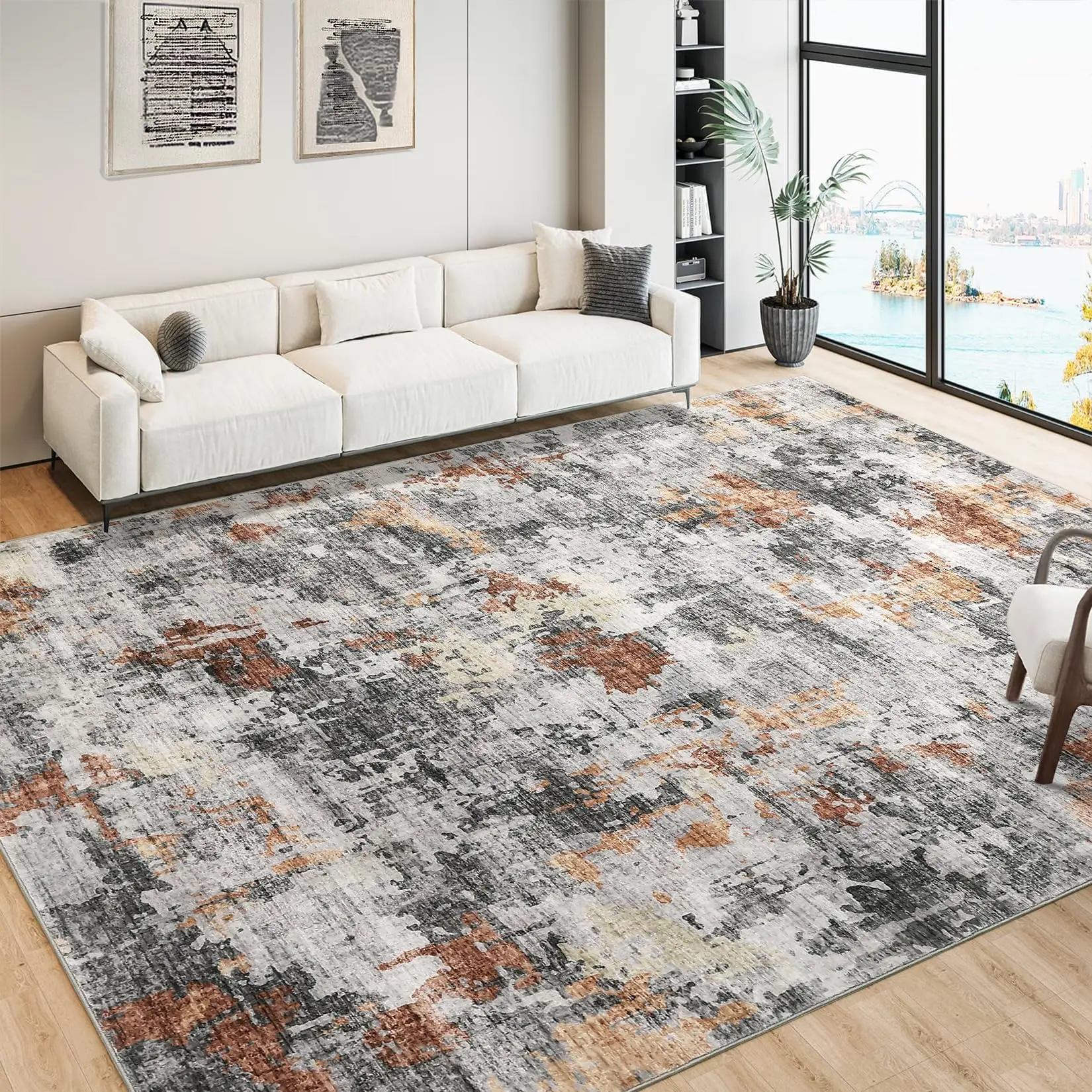Tapis moderne abstrait lavable Porto Alegre, tapis de sol antidérapant, tapis fin pliable et doux, tapis à poils ras résistant aux peluchures pour salon, chambre et salle à manger