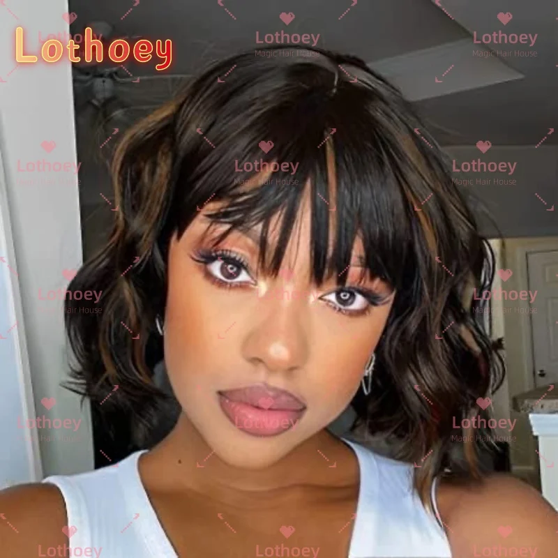 Parrucca corta tinta marrone nero Parrucca onda del corpo con frangia Adatto per donne nere Parrucca base in seta Adatto per feste quotidiane Cosplay Naturale