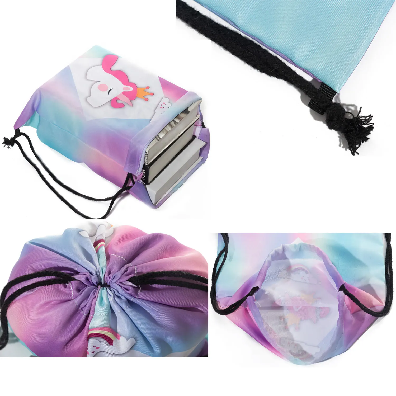 Mochilas informales con estampado de flores de erizo Kawaii para estudiantes, bolsas de zapatos Harajuku, bolsillo de viaje Blanco con cordón