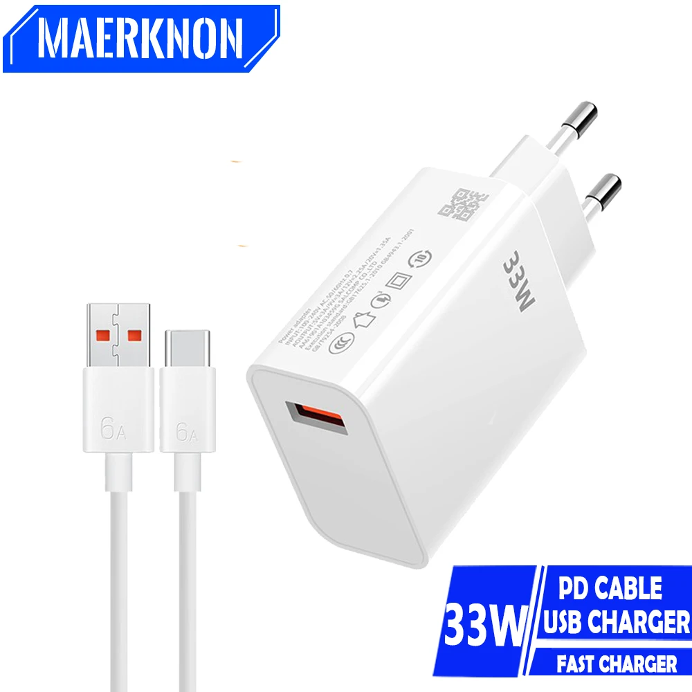 Adattatore per telefono cellulare con caricabatterie a ricarica rapida USB da 33W per iPhone 15 14 Samsung Xiaomi Huawei Quick Charger 3.0 6A cavo