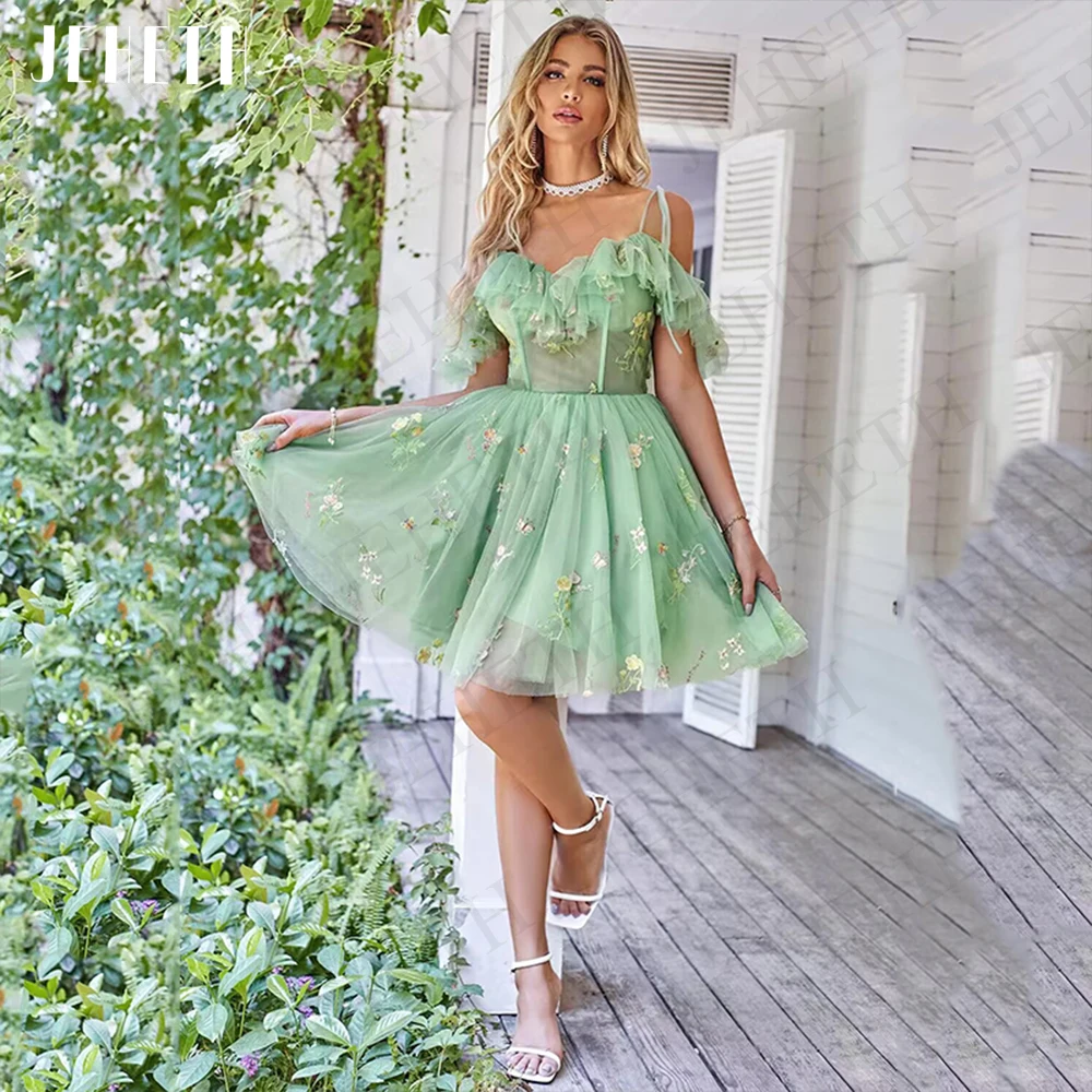 JEHETH Short Prom Dresses Green Homecoming Vintage Party Ruffle Embroidery Mini Evening Gown Off Shoulder Vestidos De Graduación