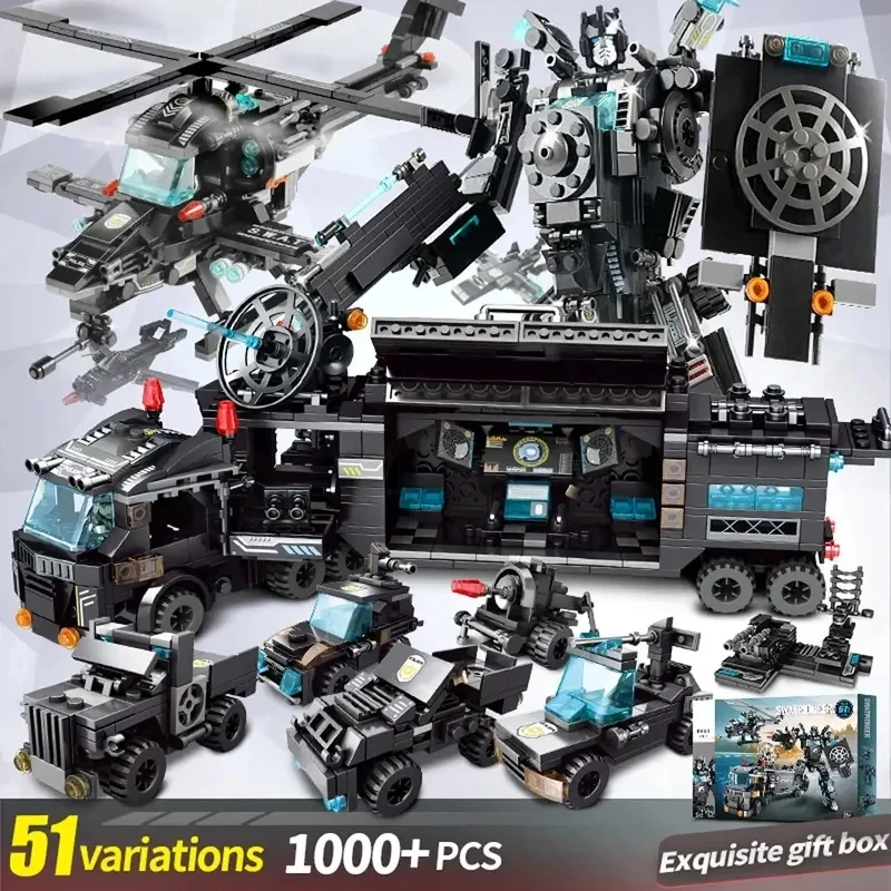 

1000PCS City Police Station Car Headquarters Building Blocks Truck SWAT Figure WW2 Military Bricks Toys for Children Kids