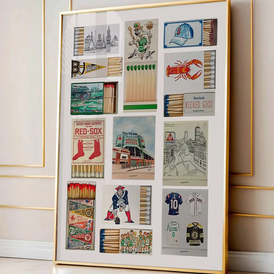 Boston Matchbox Label Collage Wall Art Canvas Prints Vintage Sports City Icons Poster Red Sox Celtics Patriots Bruins Art Decor